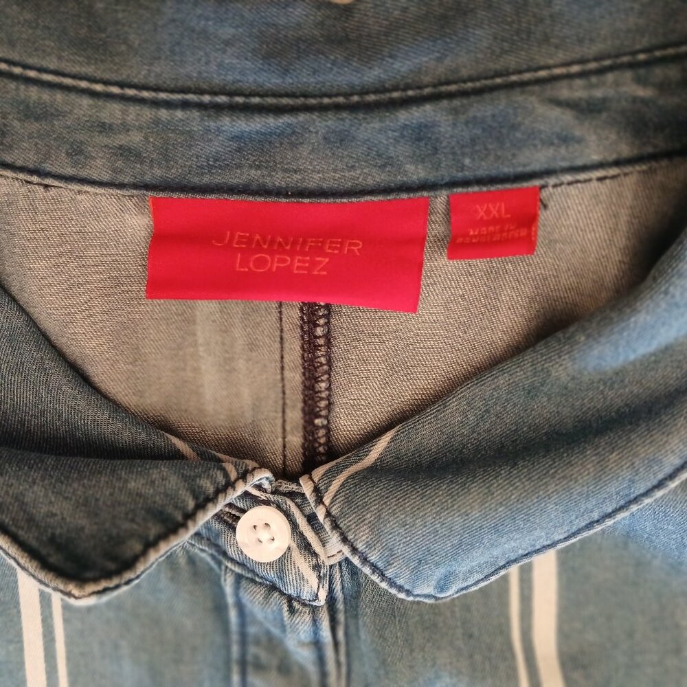 Jennifer Lopez Denim Striped Shirt XXL Chambray LS Buttons Top Tie Bottom - Picture 2 of 10